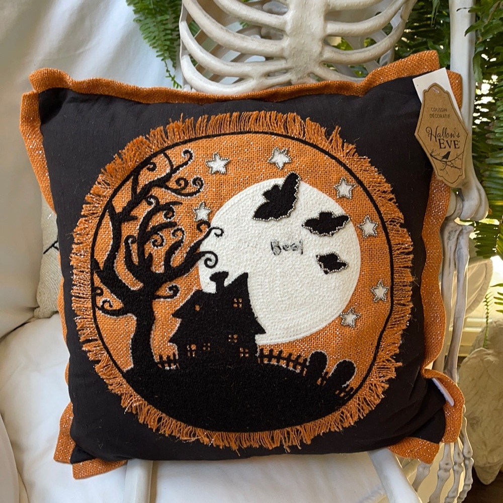 Beaded Embroidered Halloween Haunted House Bat Throw Decrative Holiday Pillow